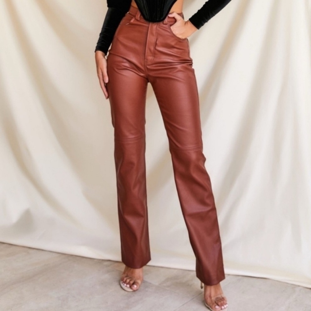 House of CB Inaya High Waist Faux Leather Pants Tan Brown XS
